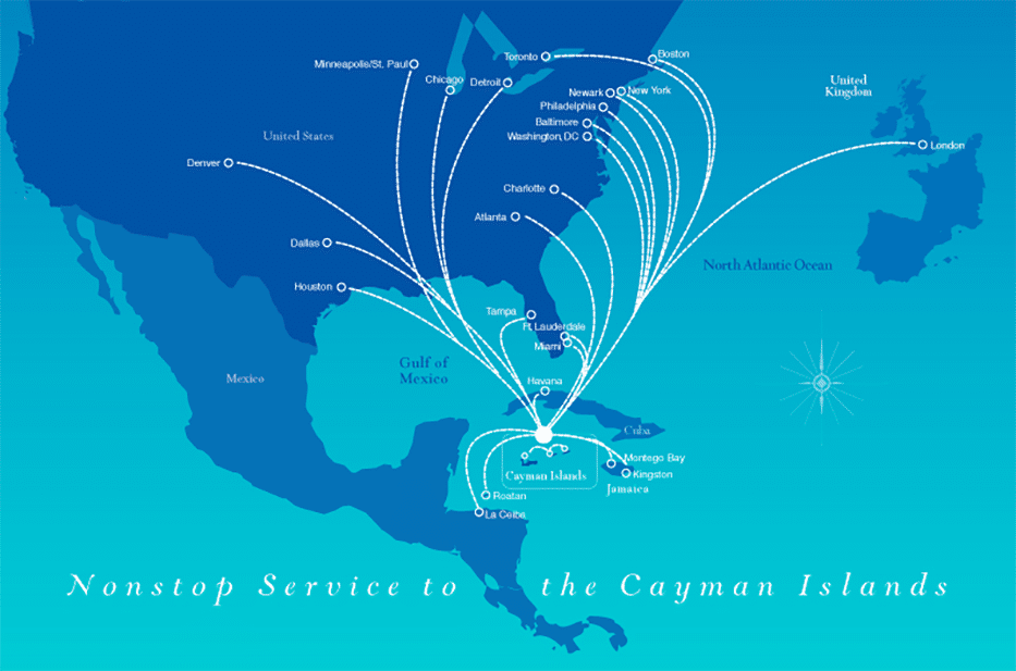 Map of non-stop flight service to the Cayman Islands