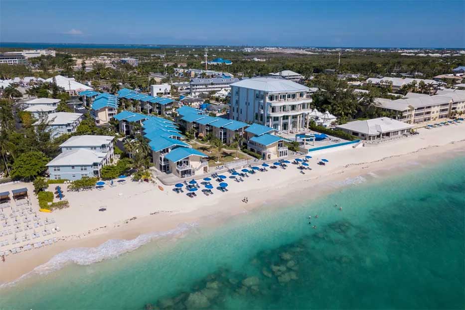 Aerial view of the Cayman Reef Resort on Seven Mile Beach, Grand Cayman