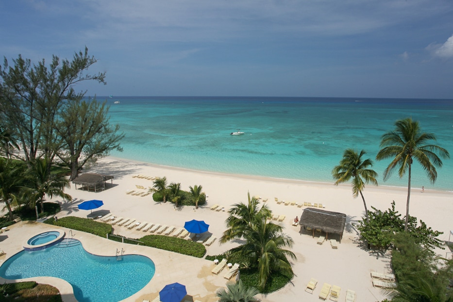 Views across the swimming pool and the Caribbean Sea