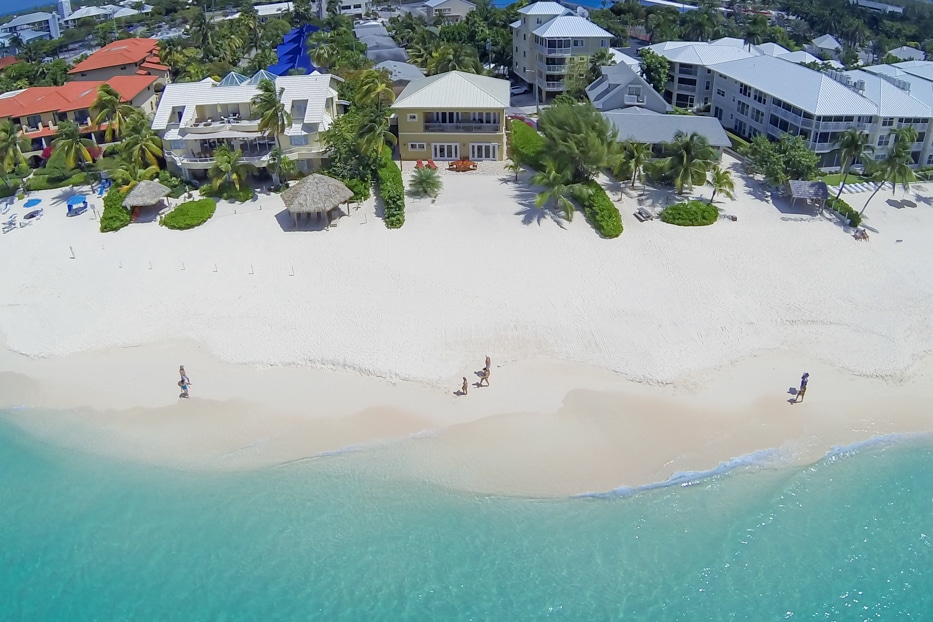 Aerial view of people walking on Seven Mile Beach Grand Cayman