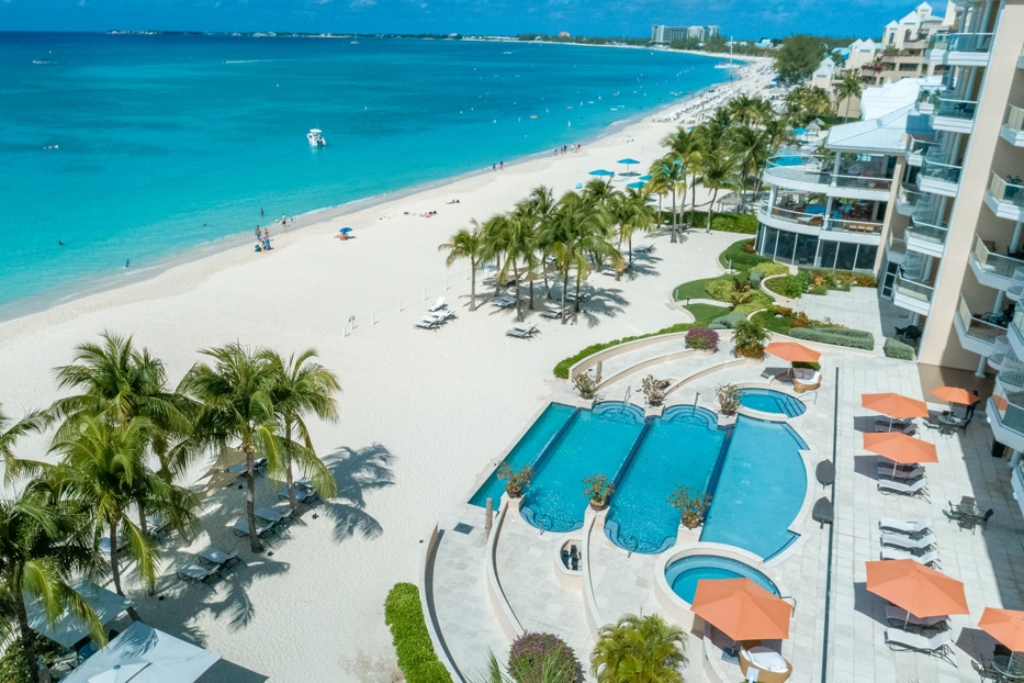 Aerial view of the pool and beach at the Waters Edge, Grand Cayman