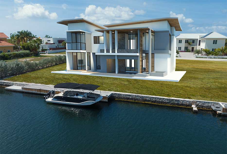 Arcihitectural rendering of possible house on Galway Quay lot within Crystal Harbour, Grand Cayman