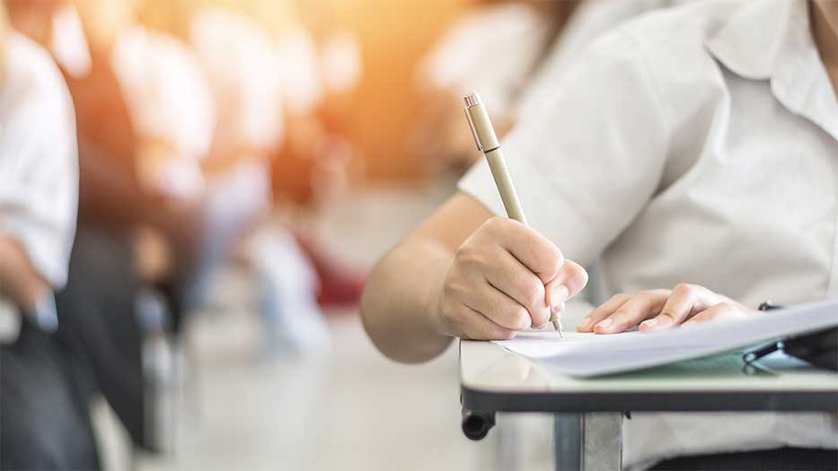 School children sitting working at desks