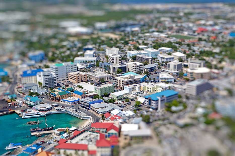 Aerial view of the financial district of George Town in the Cayman Islands