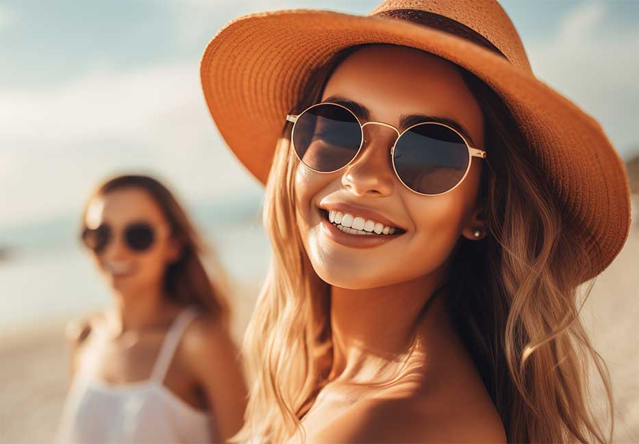 Close up of two women on the beach in the Cayman Islands