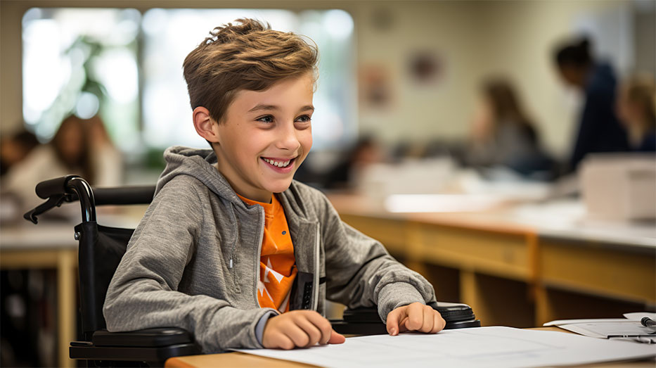 A school student in a wheelchair at a desk in the classroom