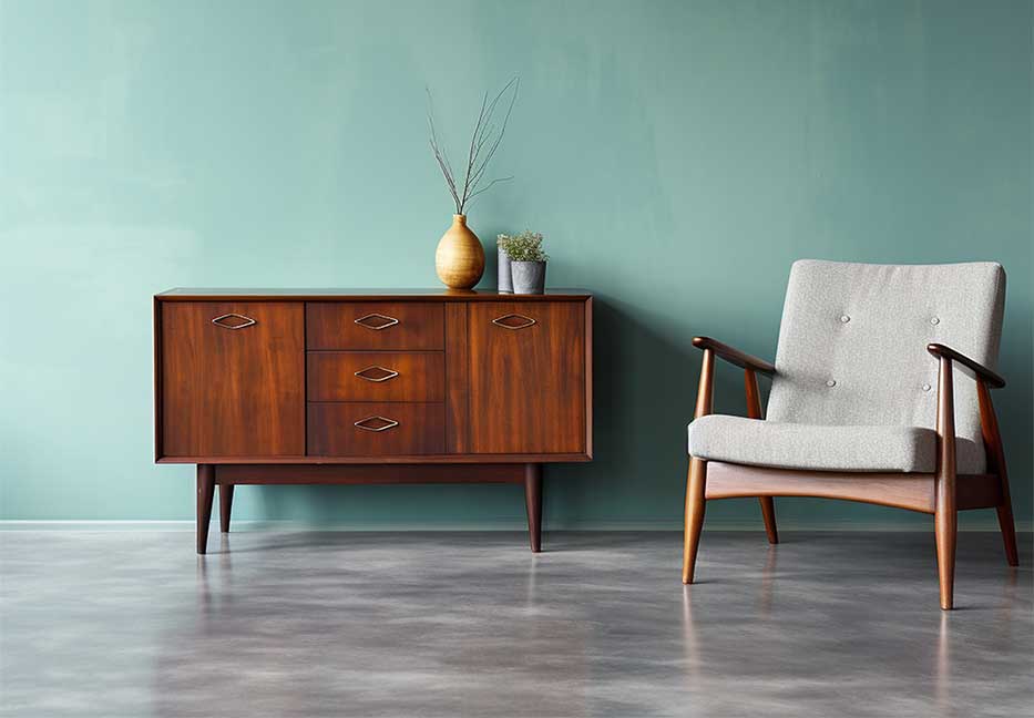 Wooden sideboard and neutral chair
