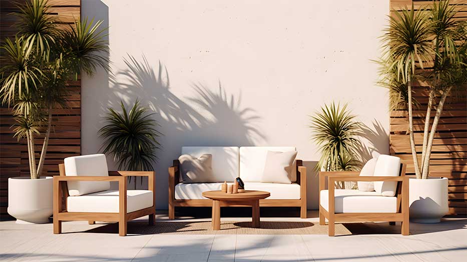 Wooden patio set with white cushions